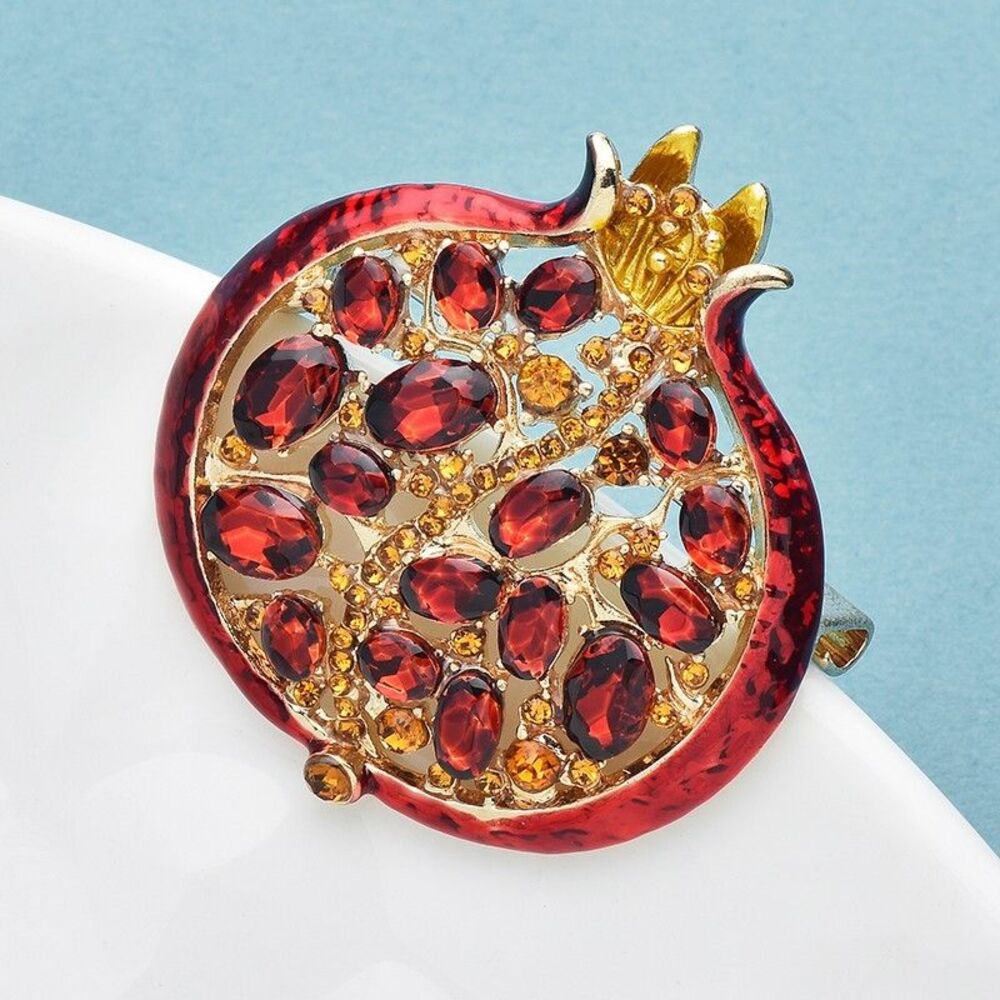 Luxury Pomegranate Brooch Crystal Gold Autumn Fall Fruit Pin Winter Jewelry Gift - Picture 2 of 3